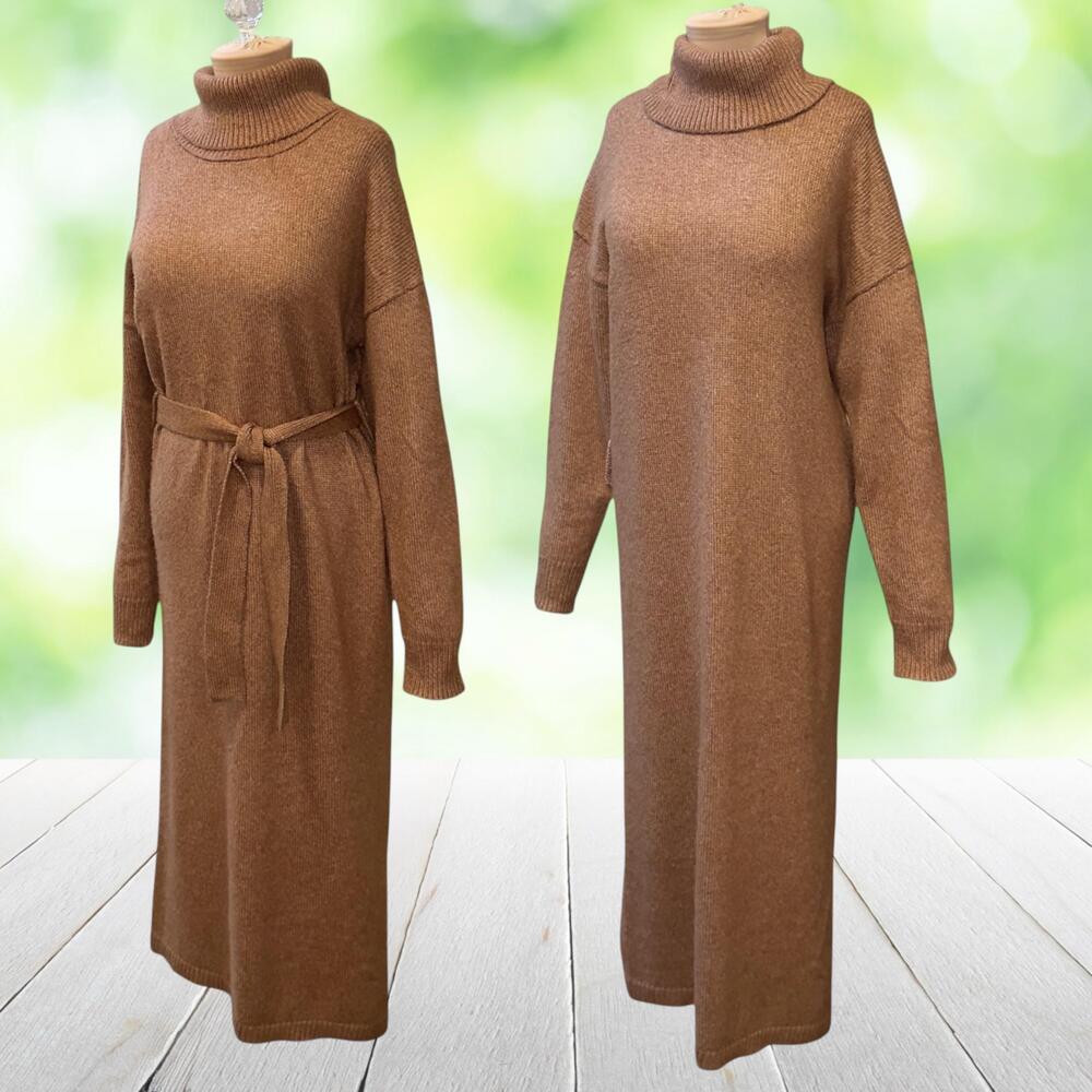 RACHEL ZOE Maxi Sweater Dress Belted Turtleneck Dolman Sleeve Toast Brown Size L